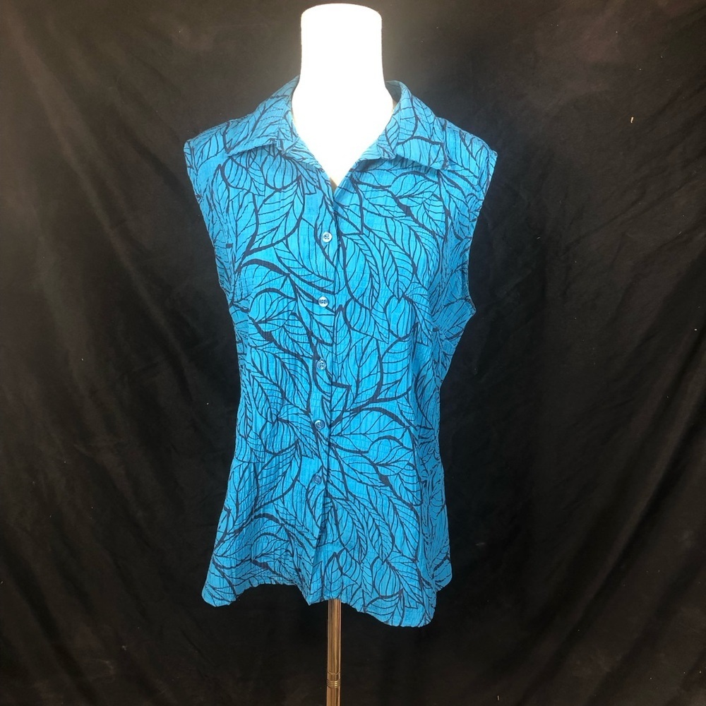 Croft & Barrow Blue Leaf-Print Sleeveless Button-Front Shirt Cotton Blend Large